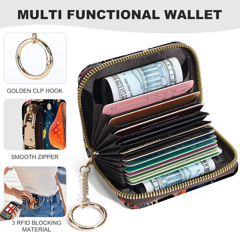 Luoycxy Credit Card Holder for Women,Small Rfid Wallet with Keychain Zipper,Cute PU Leather Card Case Wallet，Accordion Credit Card Wallets Gift,Moon Mushroom - Image 2